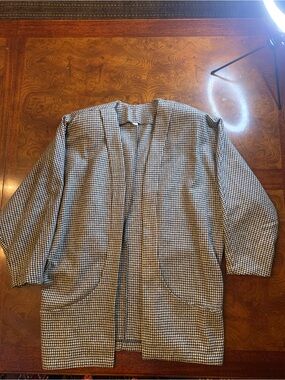 Wool Houndstooth Open Front Jacket - Black & White